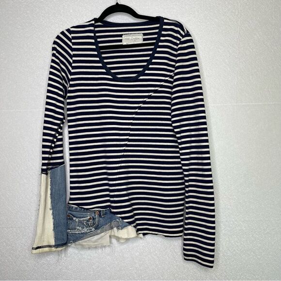 Greg Lauren Mixed Media Denim Stripe Asymmetric Shirt - Picture 2 of 6